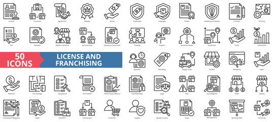 License and franchising icon collection set. Containing asset, agreement, royalty, trademark, copyright, patent, intellectual property icon. Simple line vector.