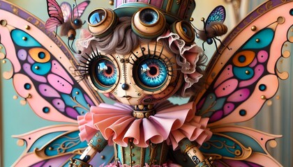 fotograf&iacute;a hiperrealista personaje caprichoso, insecto estilo steampunk colores pastel, detalles mec&aacute;nicos, marionetas, ilustraci&oacute;n 3d, para ni&ntilde;os, cuento, storybook