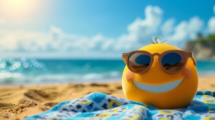 Smiling Emoji with Sunglasses on a Beach for Travel and Leisure Promotions