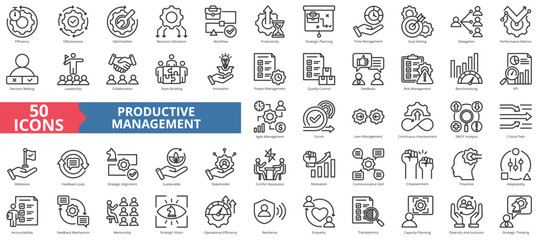Productive management icon collection set. Containing efficiency, effectiveness, optimization, resource allocation, workflow, productivity icon. Simple line vector.