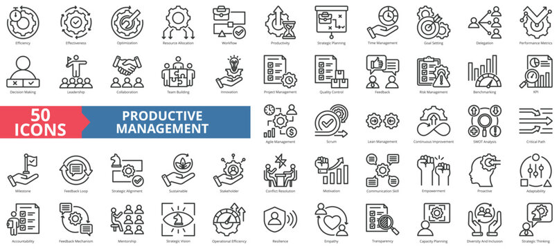 Productive management icon collection set. Containing efficiency, effectiveness, optimization, resource allocation, workflow, productivity icon. Simple line vector.