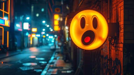 Surprised Emoji Neon Sign in Vibrant Night City for Urban Advertising