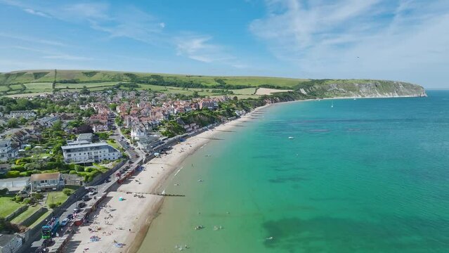 Swanage Beach and Ballard Cliff from a drone, Jurassic Coast, Swanage, Dorset Coast, England