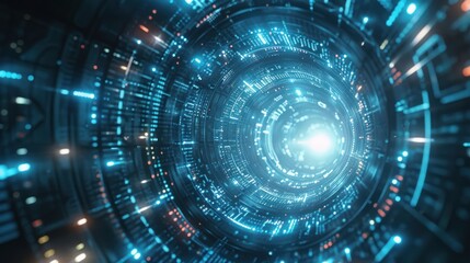 Obraz premium Futuristic Technology. Blue Glowing Energy Tunnel or Wormhole with Digital Data Flow