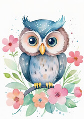 Fototapeta premium Cute owl with flowers watercolor painting clip art. Isolated background