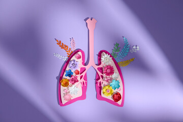 Artistic paper cut of human lungs adorned with flowers; represen