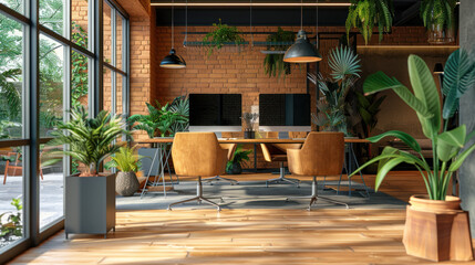 Modern office space interior design with wooden floor and large windows,  lush green plants and natural sunlight. Concept of biophilic design, workplace wellness, and productivity.