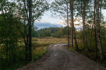 View of a country road through the autumn forest near the village of Lumivaara on a sunny autumn day, Ladoga Skerries, Lahdenpohya, Republic of Karelia, Russia