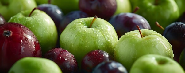 Obraz premium Close-Up of Fresh Green Apples and Plums with Water Droplets