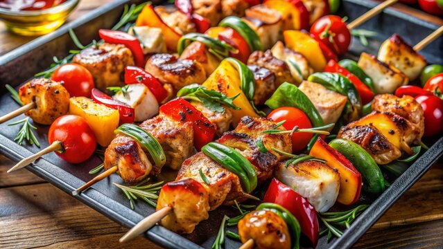 Juicy marinated chicken and colorful vegetables sizzling on skewers, perfectly arranged on a baking sheet in a modern oven setting.