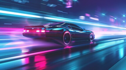 Retro Futuristic Car Racing Through Neon City