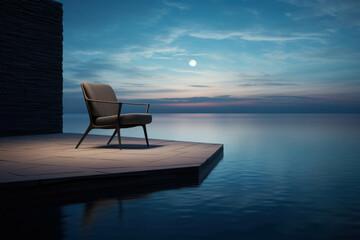 Elegant Wooden Armchair Placed on a Modern Tile Terrace with a Breathtaking View of the Calm Ocean at Sunset