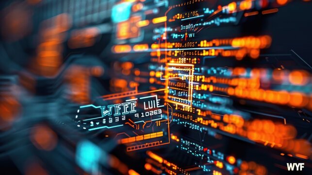 golden matrix coding on a pc screen with the word "WYF" in the center