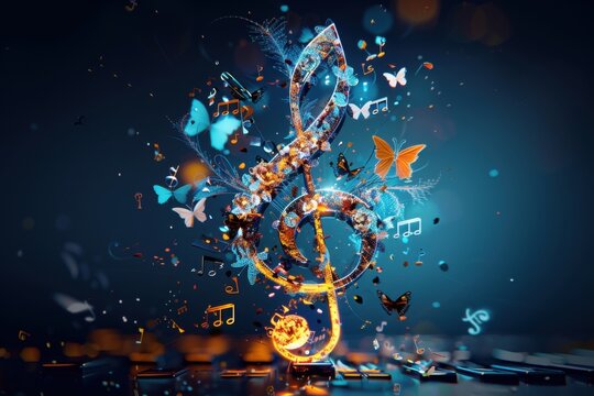Glass treble clef with butterflies and flowers flying around it, blue background, musical notes floating in the air, piano keys, music composition poster style, high resolution, music theme, musical