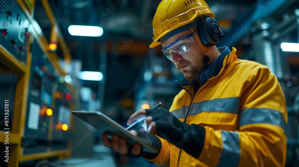 Poster concept of an industrial engineer in an industrial factory using a tablet computer for production co