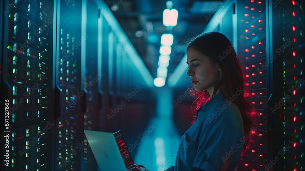 Poster female it engineer works on a laptop near a computer server rack at a data center or laboratory