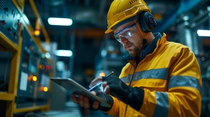 Concept of an Industrial Engineer in an industrial factory using a tablet computer for production control
