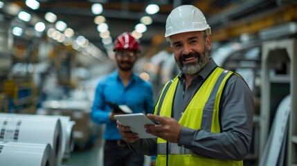 Photo of a smiling middle-aged Hispanic man wearing a white helmet and yellow vest holding a tablet while talking on the phone in a print factory