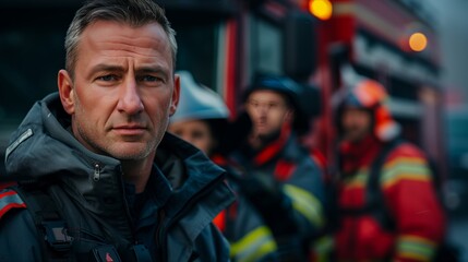 Fototapeta premium Firefighter standing in front of fire truck with team behind him