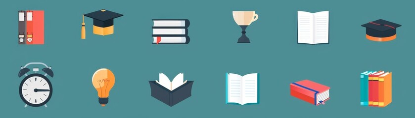 Fototapeta premium Colorful set of education icons featuring books, graduation hats, light bulb, trophy, and alarm clock on a turquoise background. Perfect for educational design.