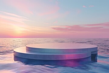 3d render round platform on water with glass wall panels. Minimal landscape mockup for product showcase banner in rainbow colors. Modern design promotion mock up. Geometric background with empty space