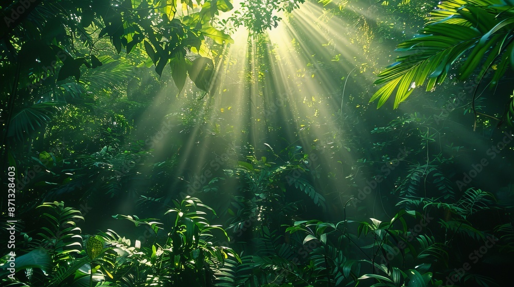 Poster lush green canopy of a tropical rainforest, with sunlight filtering through the dense foliage, creat