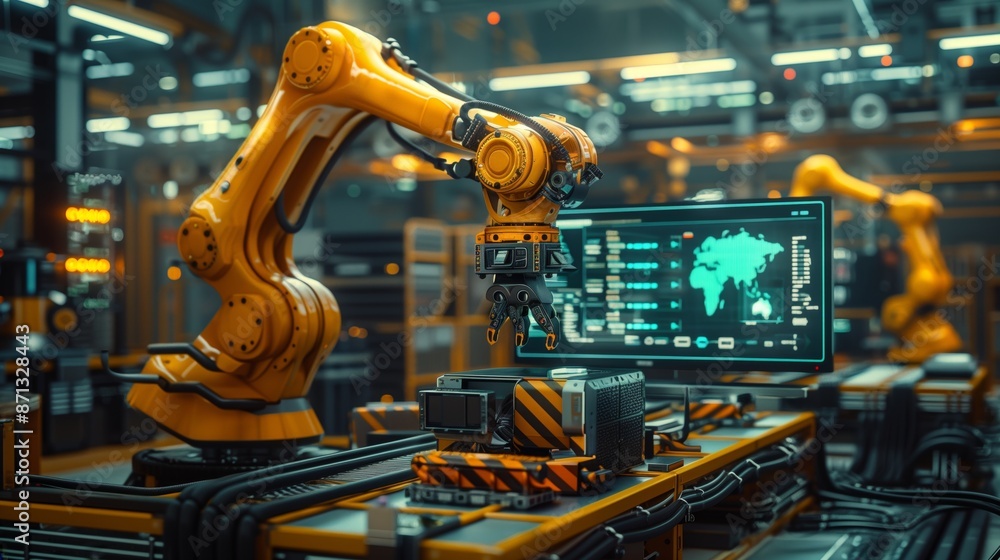 Poster a modern factory with robotic arms and workers, data visualization in the background showing industr