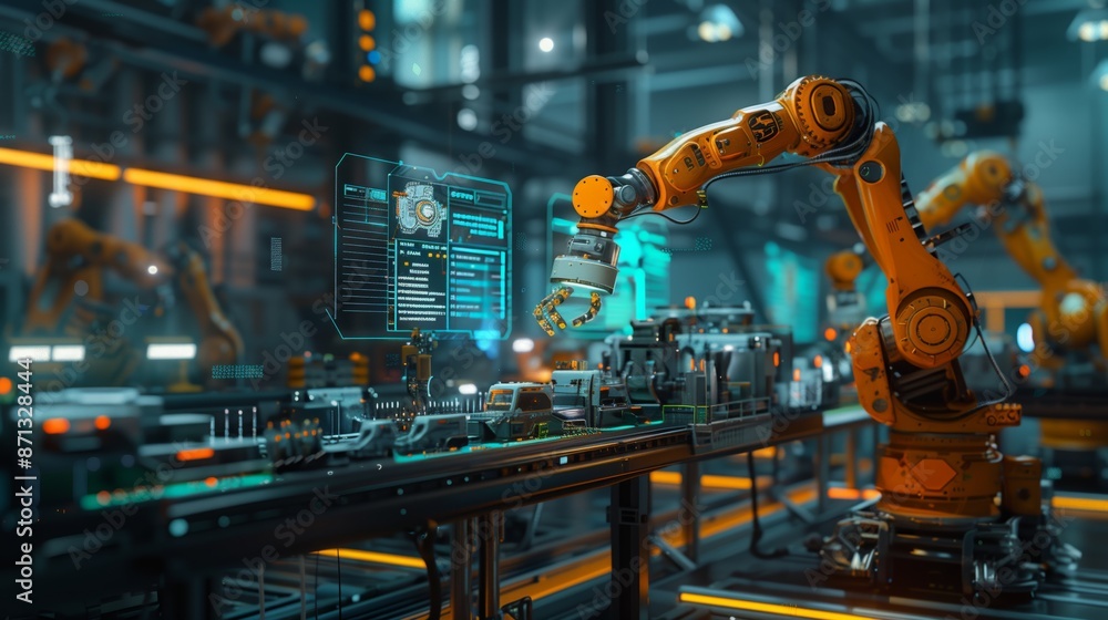 Poster a modern factory with robotic arms and workers, data visualization in the background showing industr