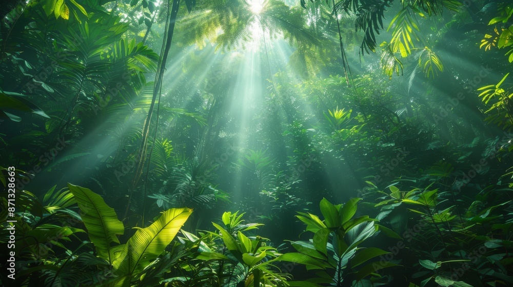 Poster lush green canopy of a tropical rainforest, with sunlight filtering through the dense foliage, creat