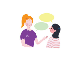 若い白人女性と会話する若いアジア人女性　フラット　上半身　イラスト