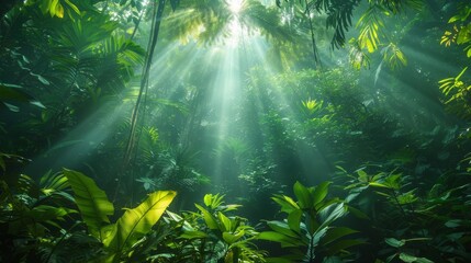 Obraz premium Lush green canopy of a tropical rainforest, with sunlight filtering through the dense foliage, creating a mesmerizing play of light and shadow Generative AI