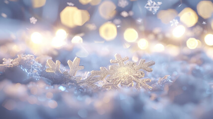 Two sparkling snowflakes rest gently on the soft snow, with warm golden bokeh lights adding a festive touch in the background.