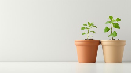 Obraz premium Two small plants growing in terracotta pots on a white surface.