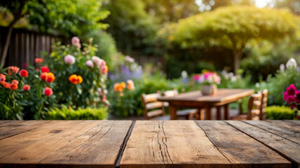 Empty wooden table ob a defocused garden background, Blured background of garden and trees in sunny day