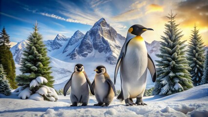 Obraz premium Adorable penguin family trio waddles harmoniously in snowy mountainous landscape surrounded by towering peaks and frosty evergreen trees.