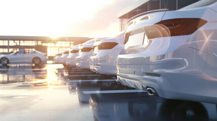A row of sleek, white cars parked in a shiny, modern lot, glowing under the ambient light of sunrise, suggesting efficiency and sophistication.