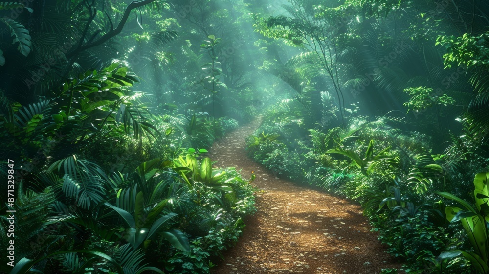 Poster mysterious pathway winding through the dense, misty rainforest, with rays of sunlight penetrating th