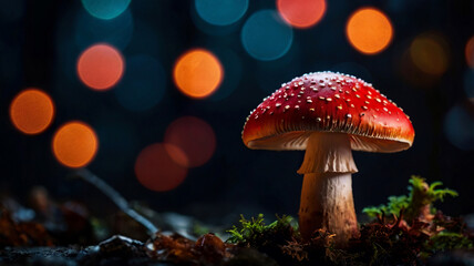 Red magic mushroom in the forest at night, Colorful magical mushroom in a beautiful bokeh background