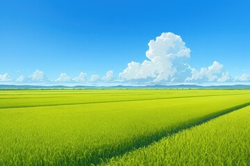 Fototapeta premium Tranquil Green Field Under a Blue Sky with Fluffy Clouds