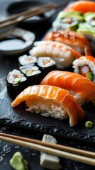 Close-up of assorted sushi rolls on a slate platter