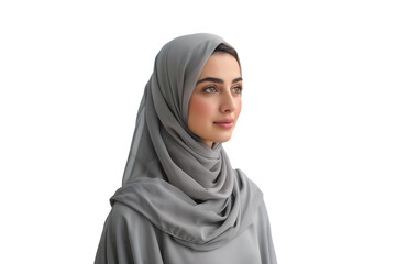 Portrait of smiling woman wearing headscarf, take shot from side view, studio photo, isolated on transparent background