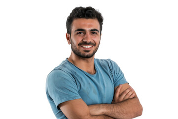 Portrait of a smiling young man wearing casual t-shirt with arms crossed pose, isolated on transparent background