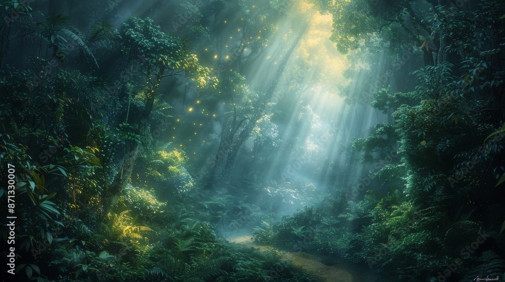 Poster mysterious pathway winding through the dense, misty rainforest, with rays of sunlight penetrating th