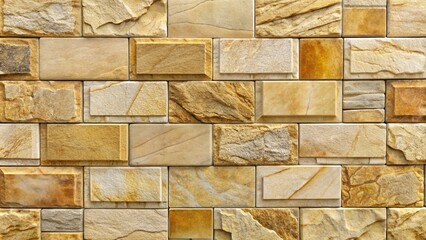 Obraz premium Natural beige and yellow sandstone tiles, expertly stitched with clay, form a seamless textured wall background with organic earthy tones.