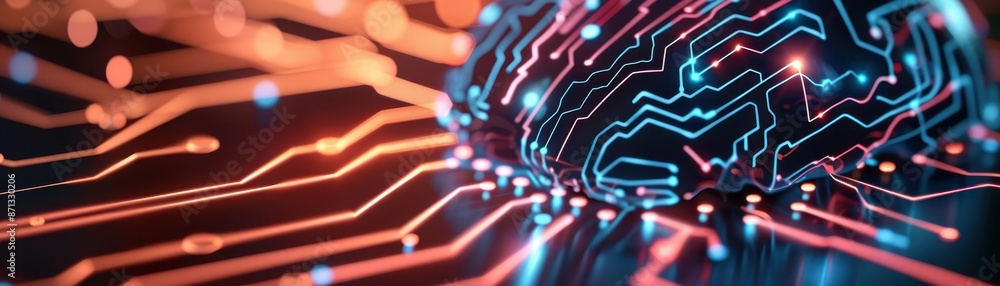 Poster futuristic digital brain with circuit board patterns, illustrating advanced ai and technology concep