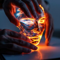 Hands shaping a glowing, futuristic human face hologram, symbolizing advanced technology and artificial intelligence in a dark setting.