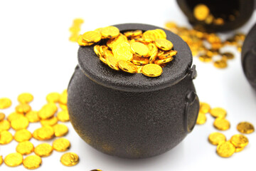 Miniature Black Cauldron Overflowing with Lucky Leprechaun Gold Coins