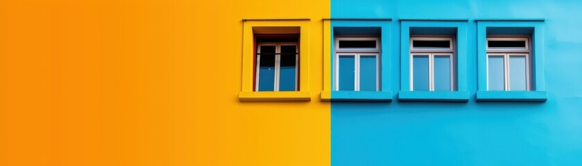 Fototapeta premium Vibrant building facade with contrasting bold blue and orange sections, featuring windows that enhance the colorful architectural design.