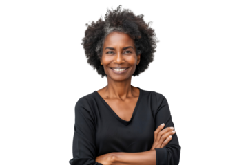 Portrait of a smiling senior African American woman with standing arms crossed, isolated on transparent background
