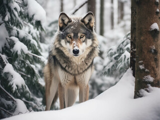 Fototapeta premium Majestic Wolf Standing in a Snowy Forest with a Curious and Intense Gaze Amidst Snow-Covered Trees
